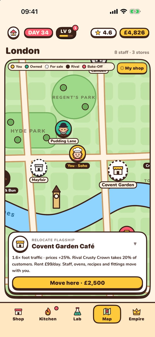 A map of London with the player's shop in Soho, rival bakeries and a better address to move to
