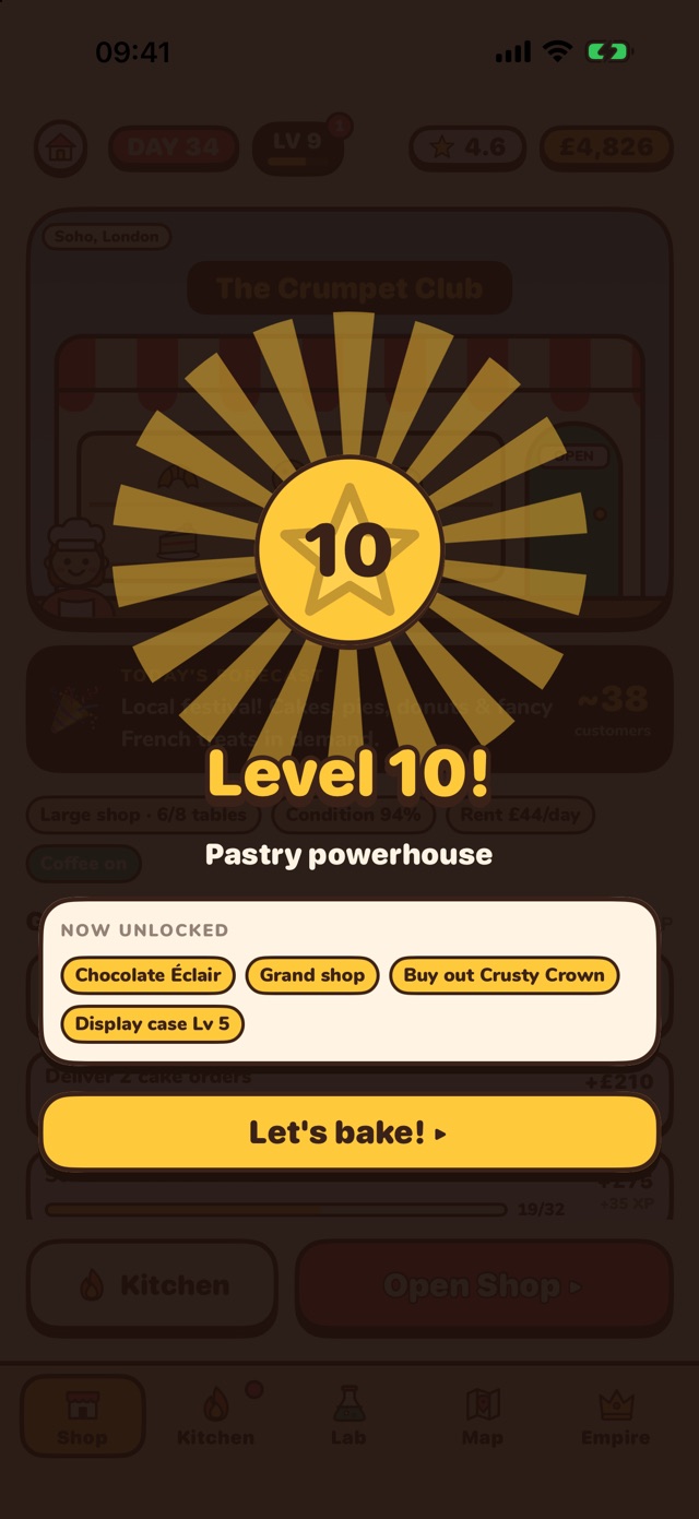 A level-up screen unlocking a new recipe, a bigger shop and a rival to buy out