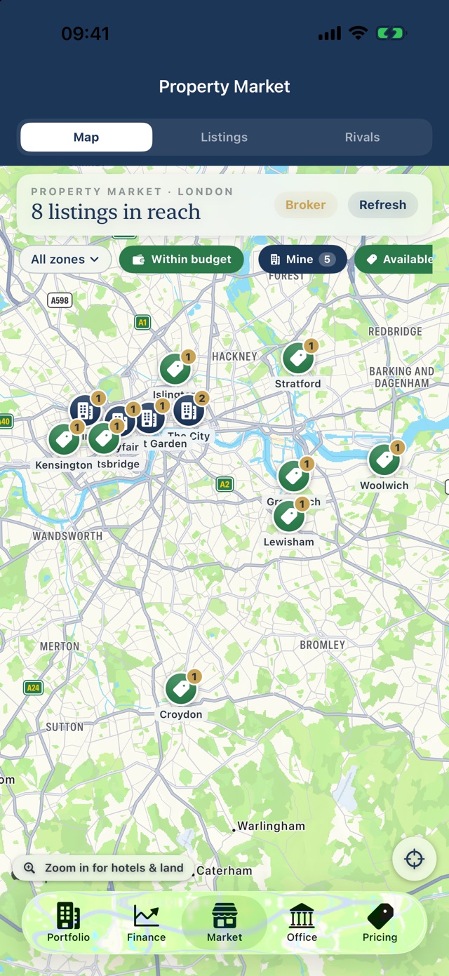 A map of London with hotels and land for sale in each district