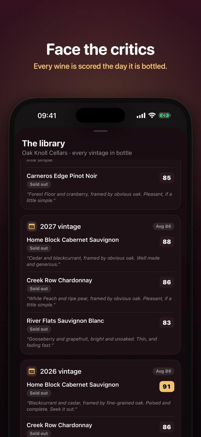 The estate's library of released wines with their critic scores