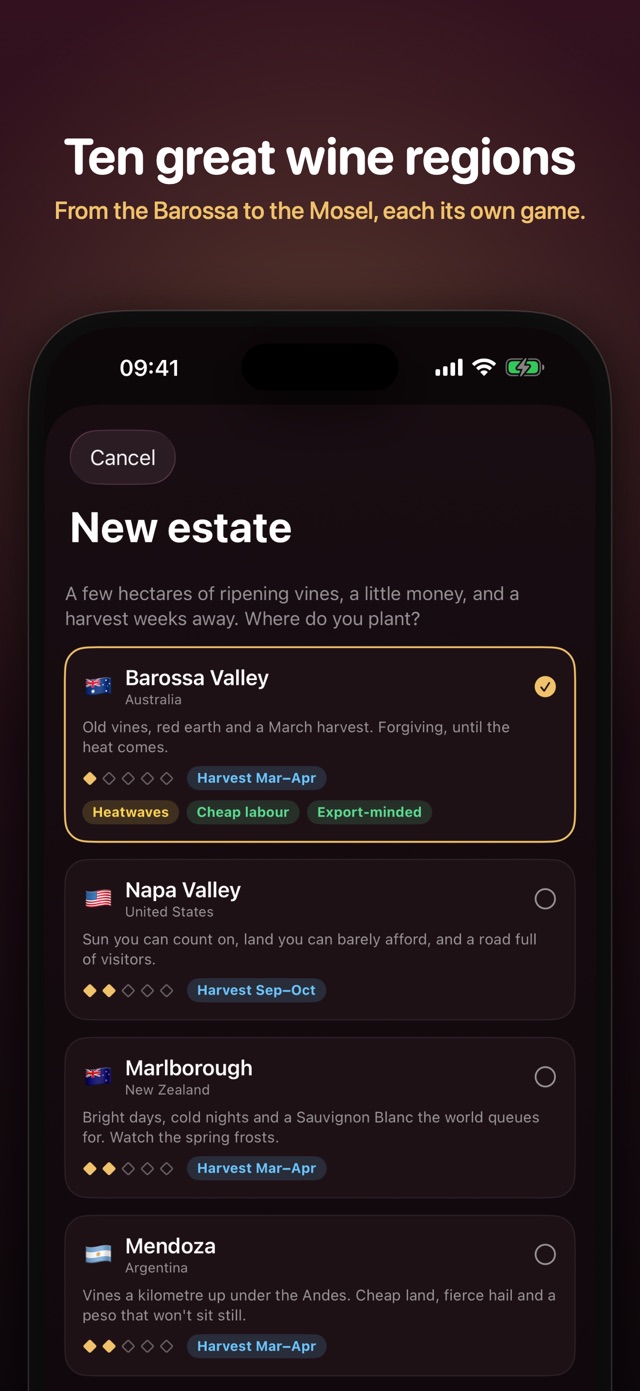Choosing a wine region for a new estate, each with its own difficulty